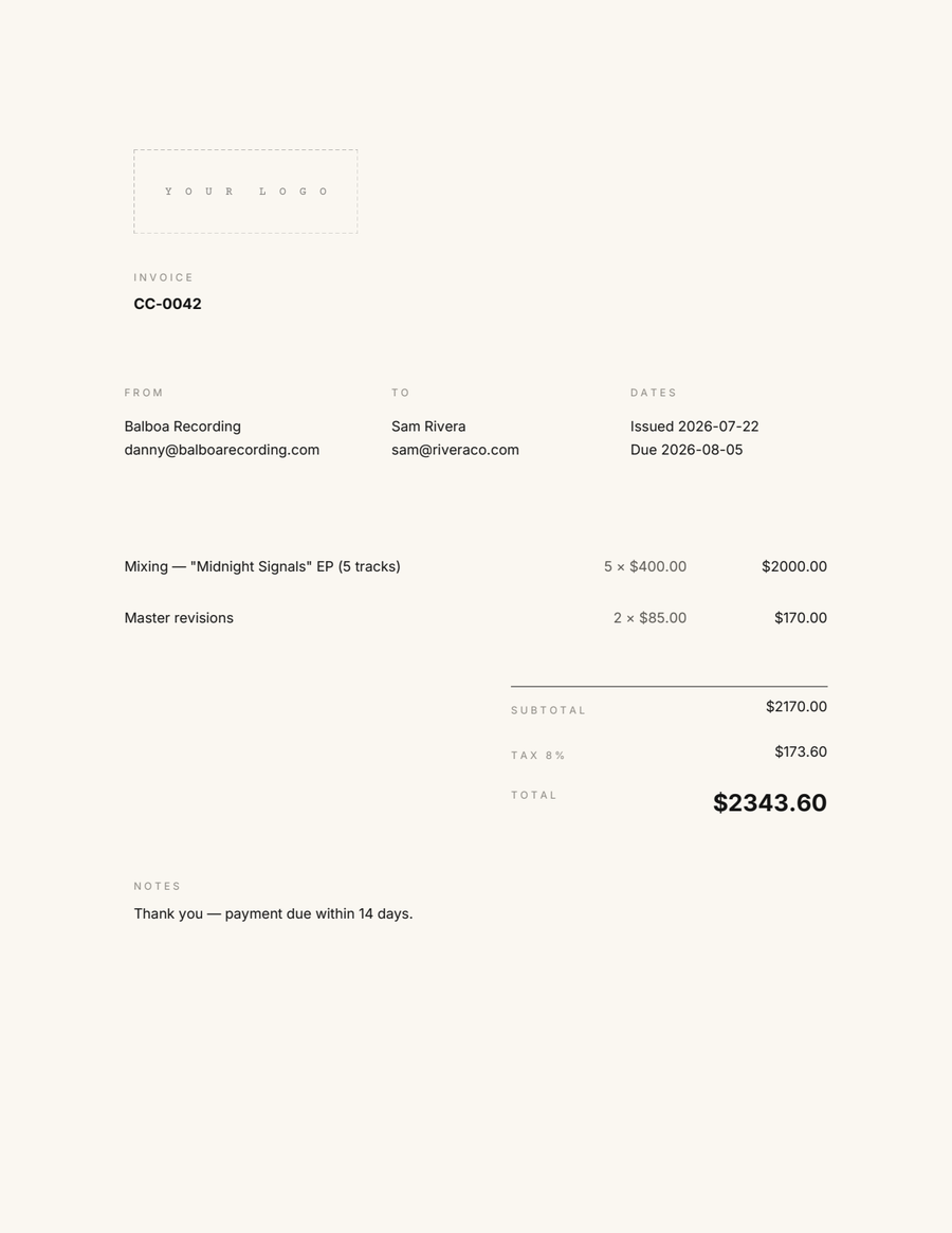 Minimal invoice template example